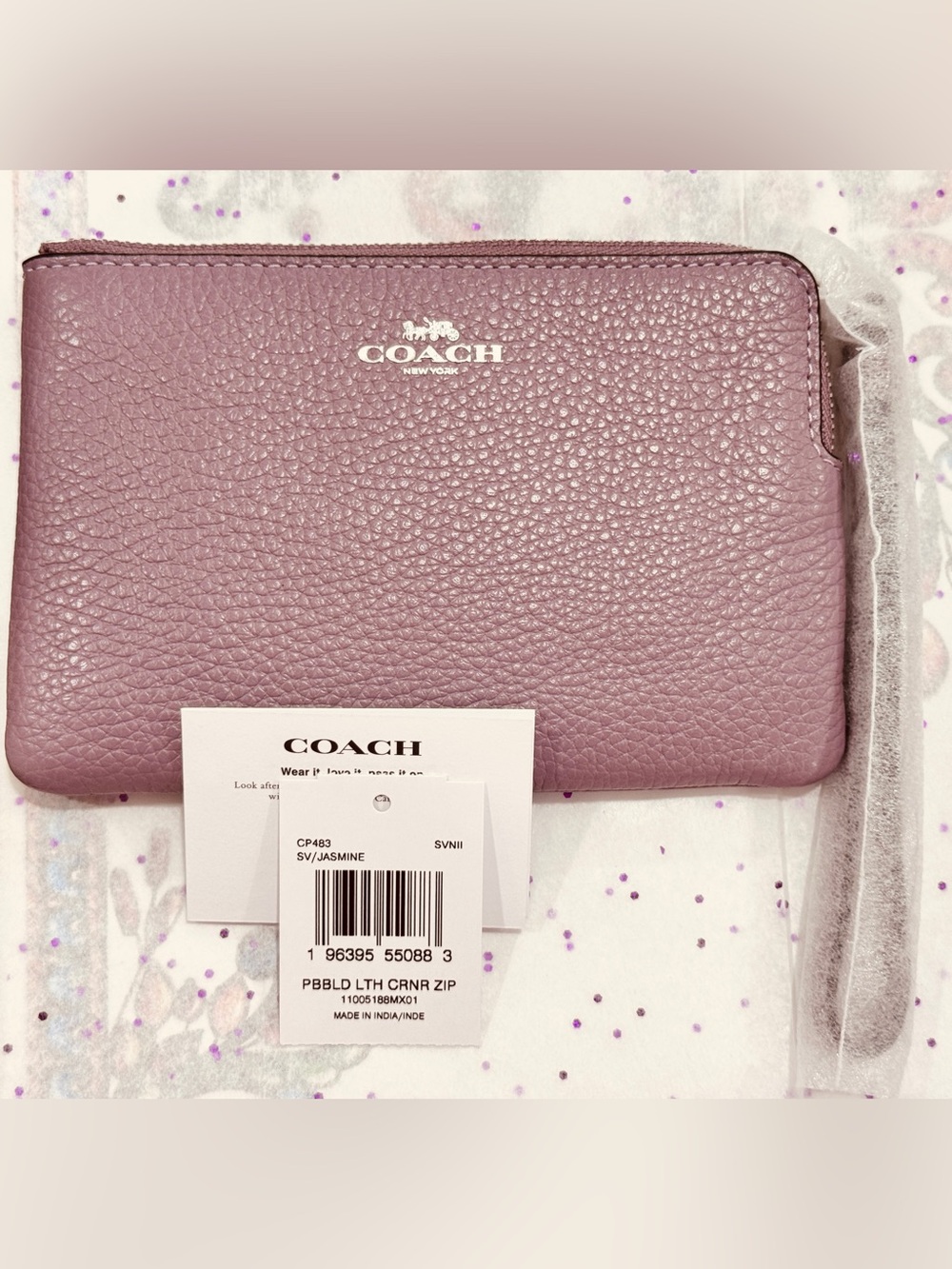 Coach Polished Pebbled Leather Corner Zip Wriet Pouch - Mauve Pink